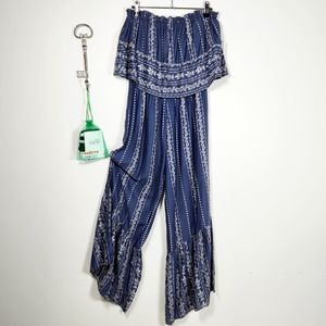 JAPNA boho blue & white jumpsuit. Sz SMALL, ruffle Strapless